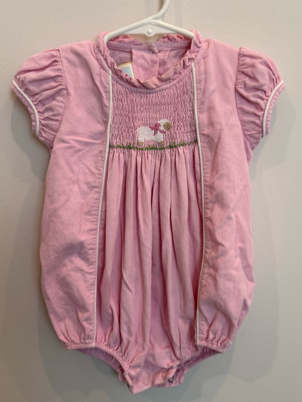 Little English Pink Corduroy Smocked Lamb Bubble Romper 12M